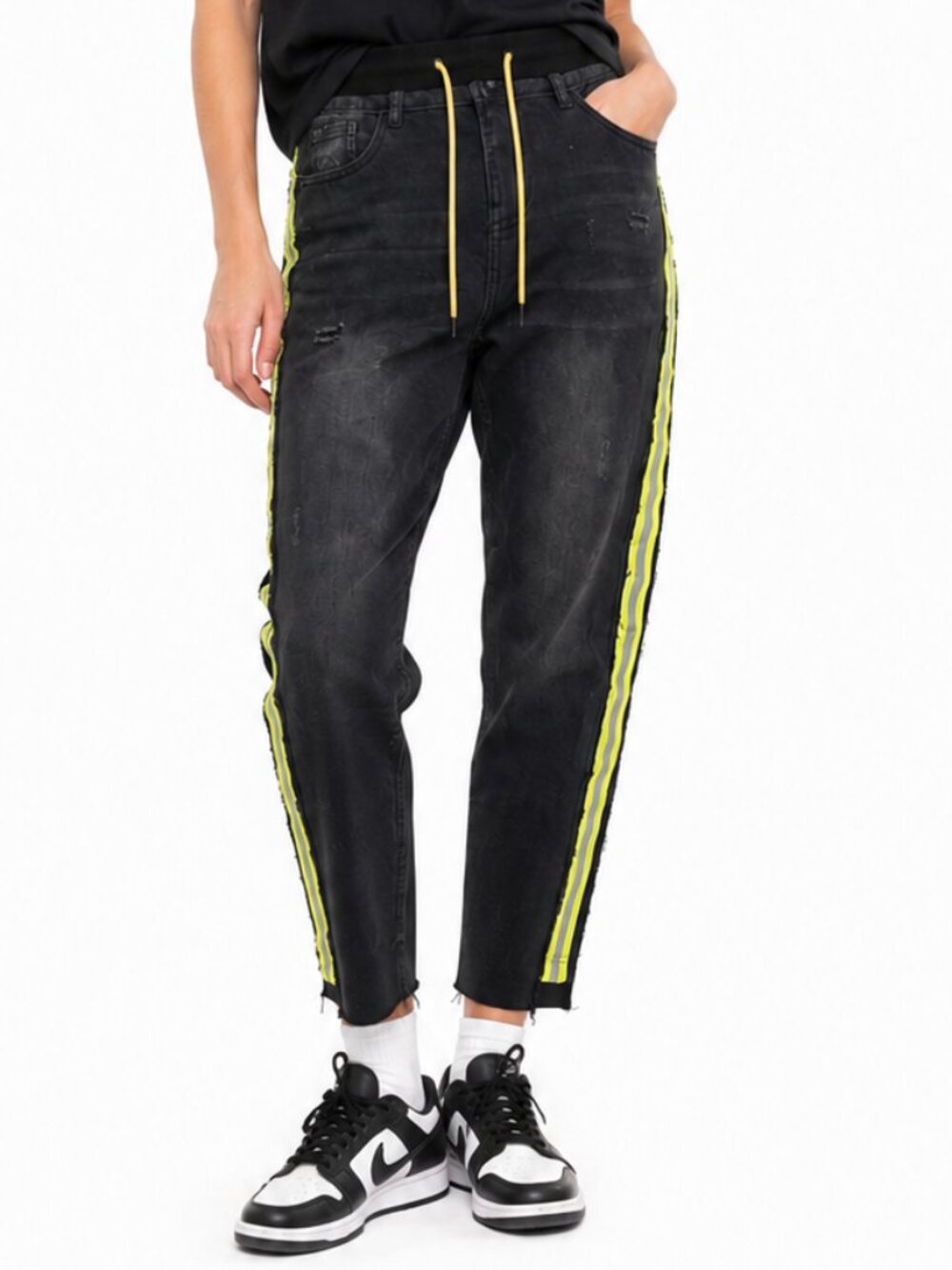 Desigual Black Jeans with Neon Yellow Stripes – Size M